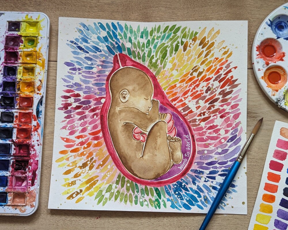 Watercolour Rainbow Baby in the Womb Art | Watercolour Paintings for Pregnancy, Birth, Doula and Midwife