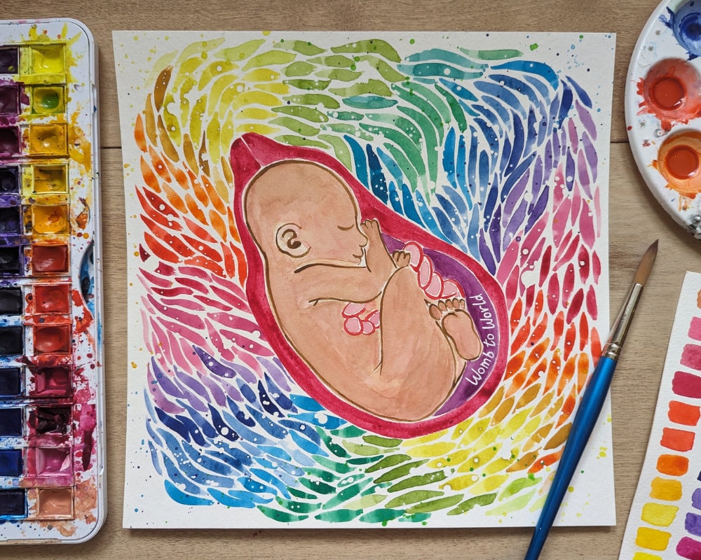 Watercolour Rainbow Baby in the Womb Art | Watercolour Paintings for Pregnancy, Birth, Doula and Midwife