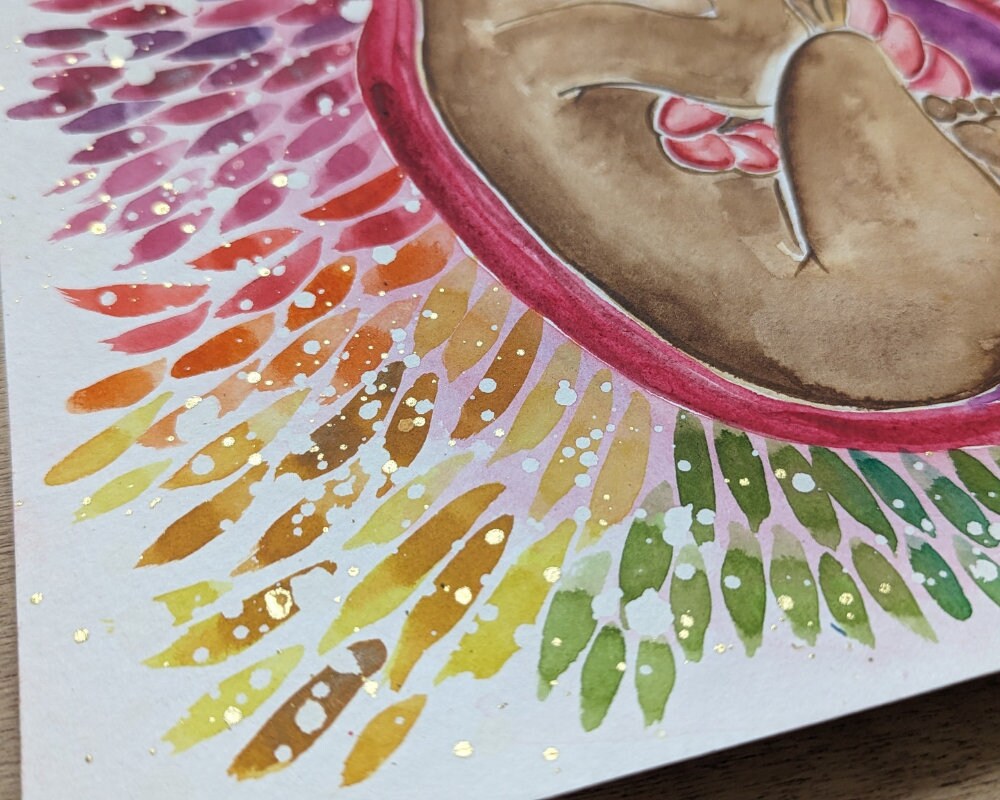 Watercolour Rainbow Baby in the Womb Art | Watercolour Paintings for Pregnancy, Birth, Doula and Midwife