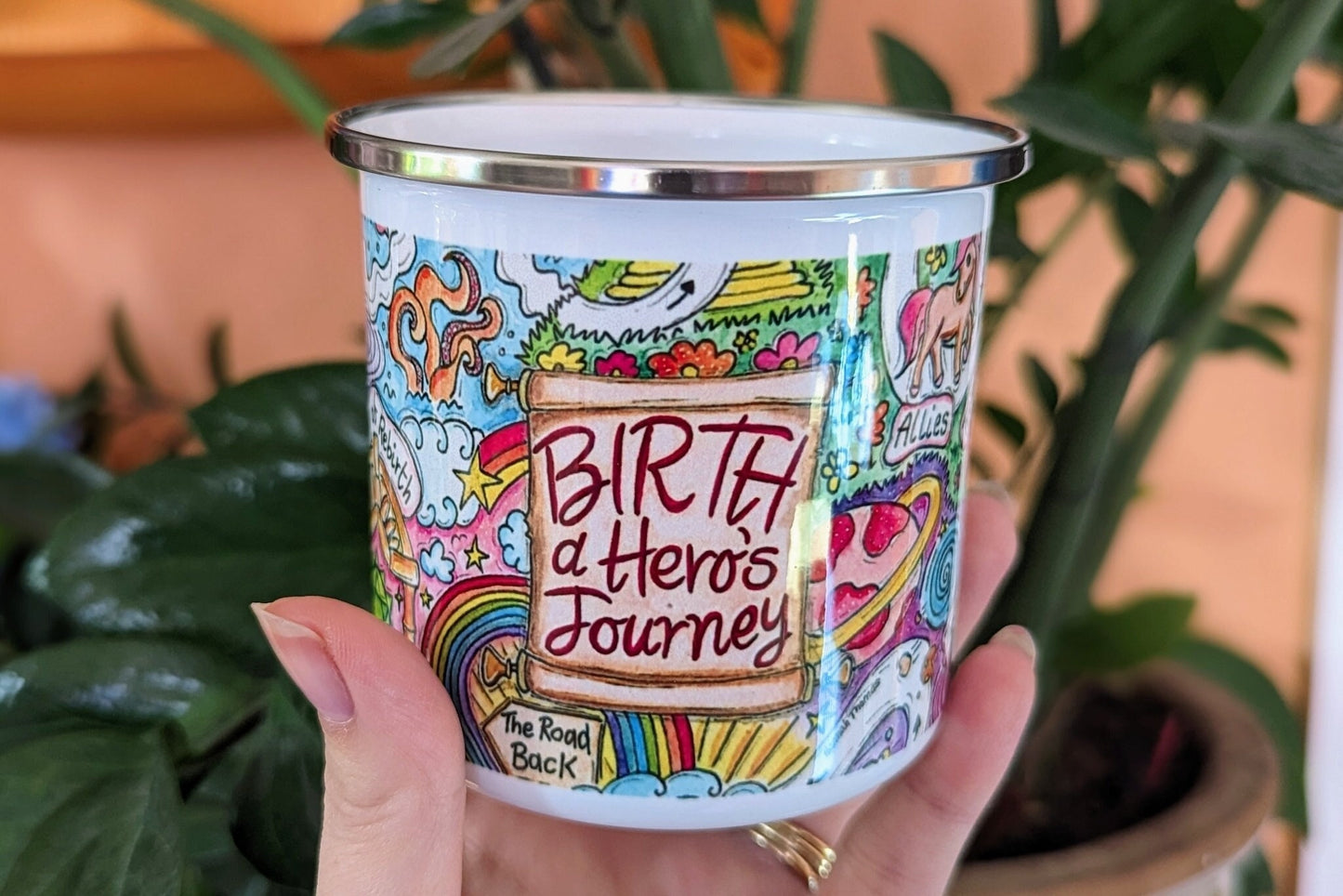 Hero's Birth Journey Enamel Midwife Mug | Sacred Birth | Doula Gift | Labour and Delivery | Pregnancy Mug | Birthkeeper | Hypnobirthing