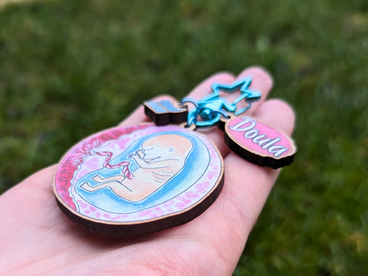 Wooden Doula Keychain: Watercolor Baby Art, Birthkeeper Gift
