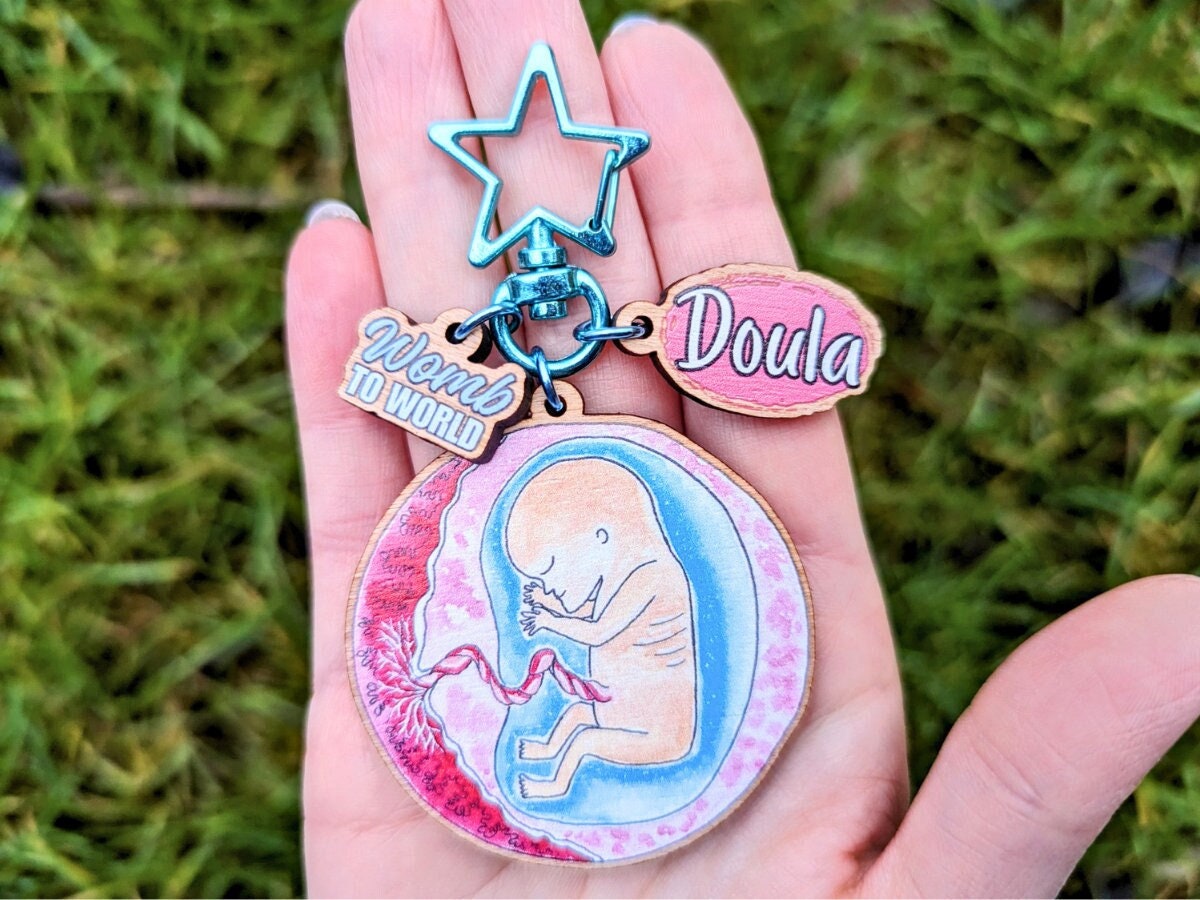 Wooden Doula Keychain: Watercolor Baby Art, Birthkeeper Gift