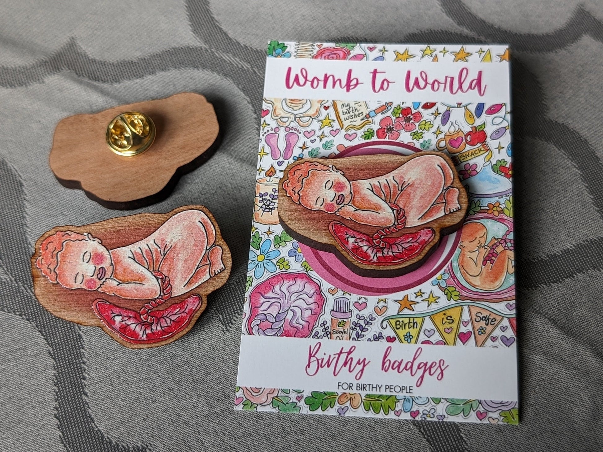 Newborn baby and placenta wooden badge