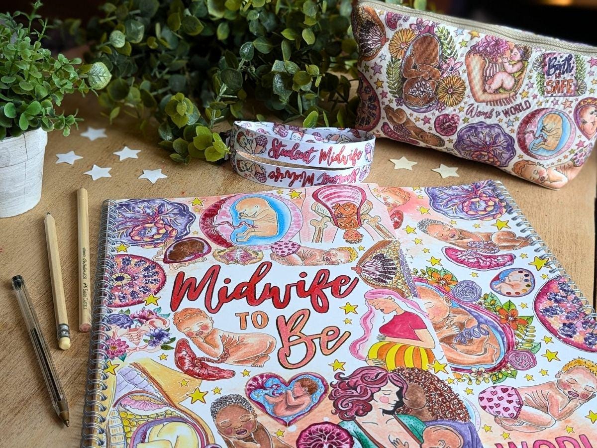 A4 Student Midwife Notebook Lined | Midwifery Notepad | Pregnancy Art | Midwife to Be Stationery Pens