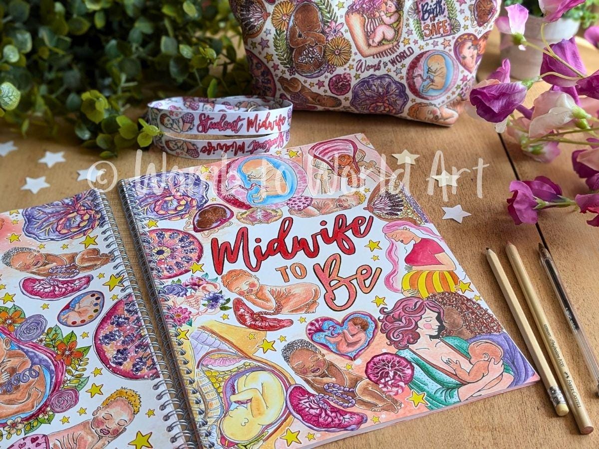 A4 Student Midwife Notebook Lined | Midwifery Notepad | Pregnancy Art | Midwife to Be Stationery Pens