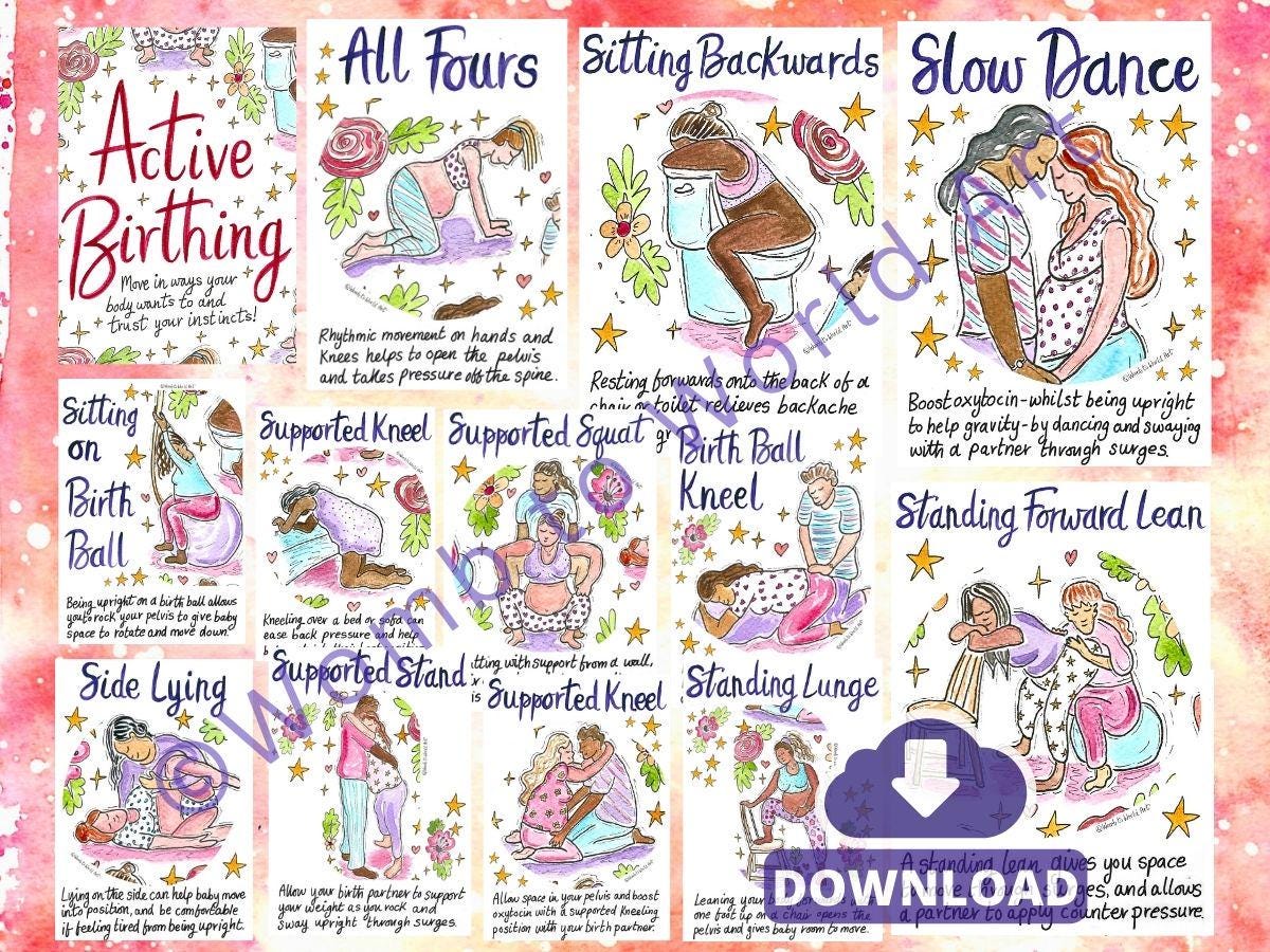 Active Birth Positions PDF Printouts: Doula Birth Education Handouts (PDF Printout)