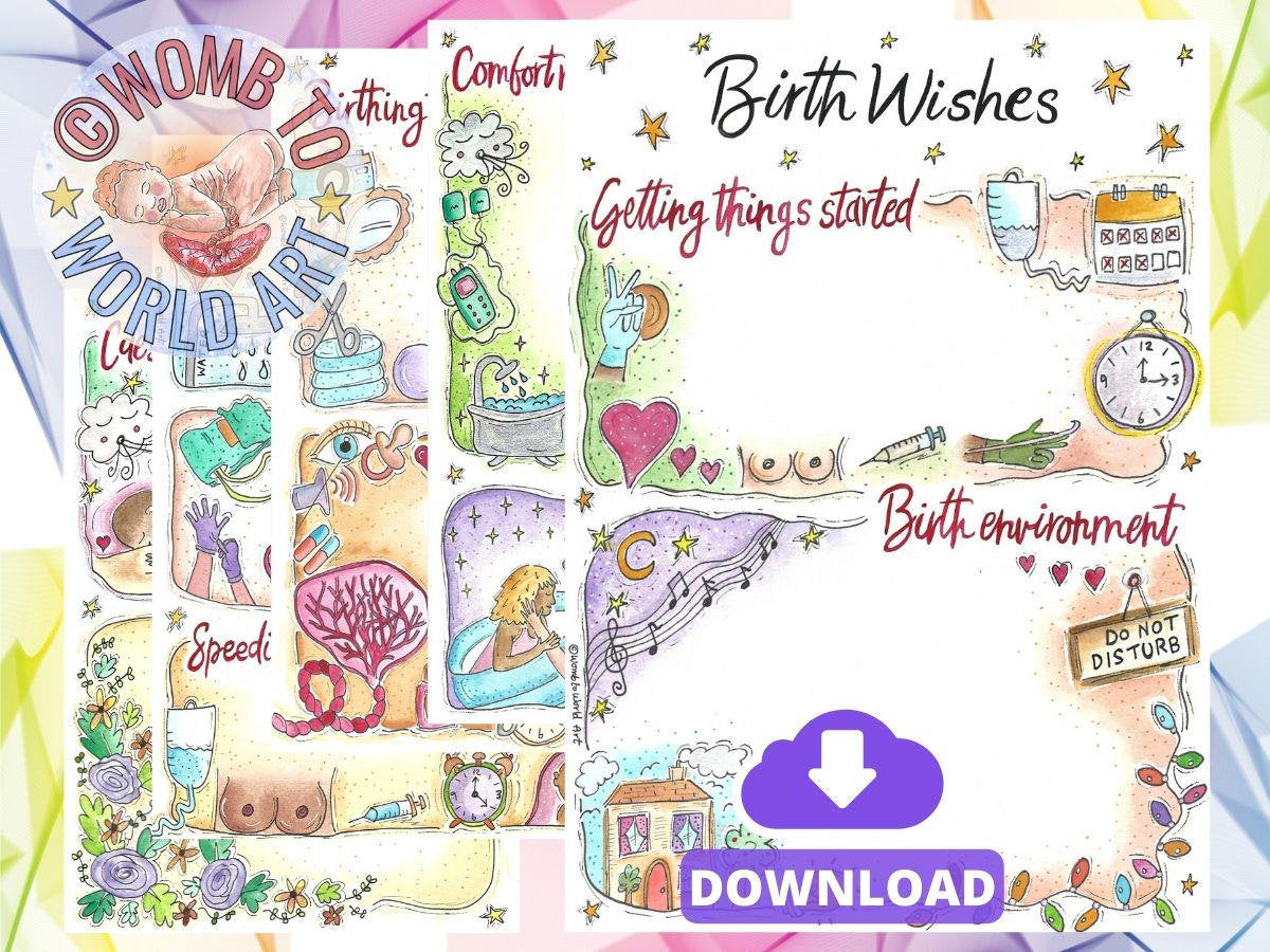 Illustrated Visual Birth Plan Template: Watercolour Doula Handouts for Birth Education Hypnobirthing (PDF Download)