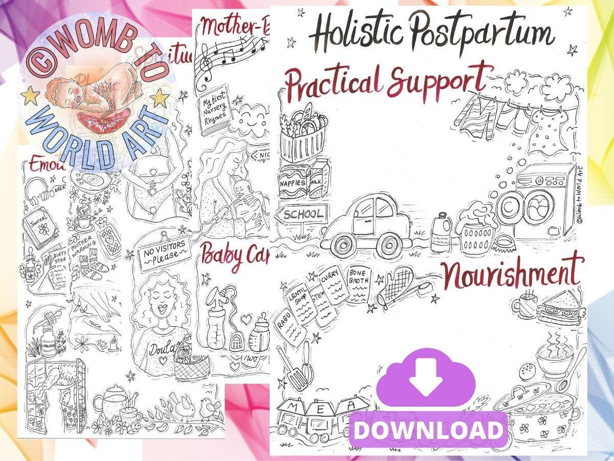 Colouring Illustrated Visual Postpartum Plan Template | Doula Materials | Antenatal Education | Postnatal Doula | Fourth Trimester
