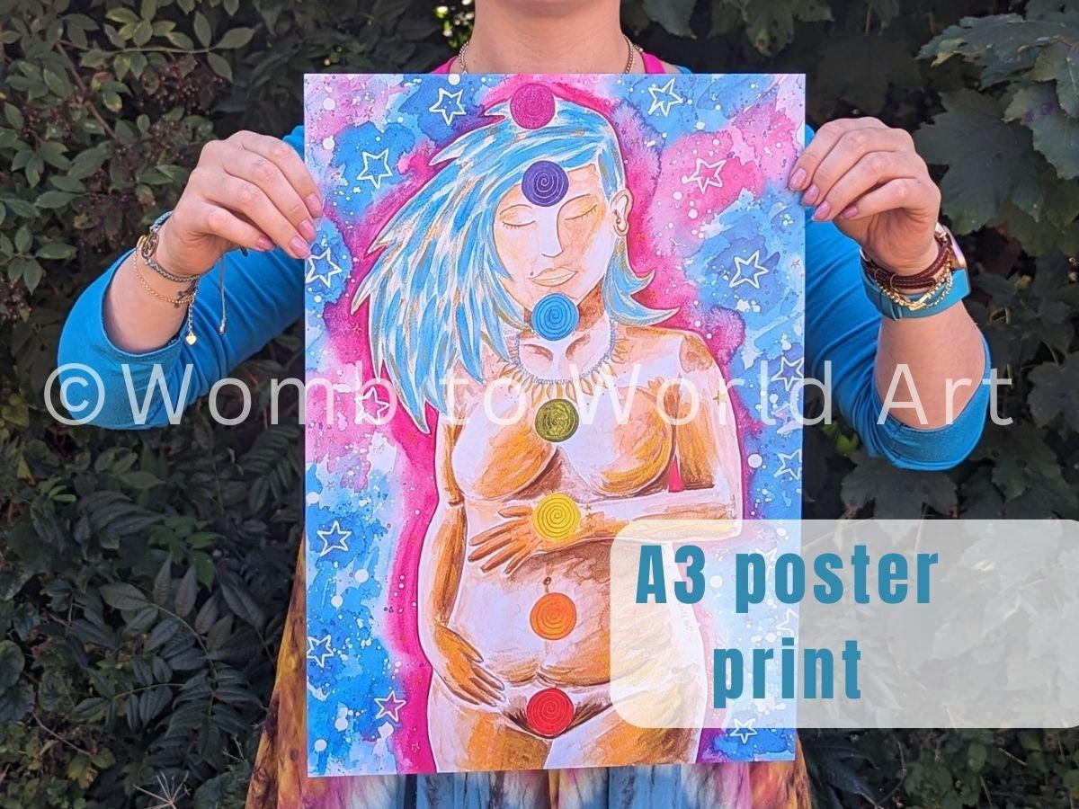 Postpartum Chakras Watercolor Print: Spiritual Energy Healing (A3 250gsm)