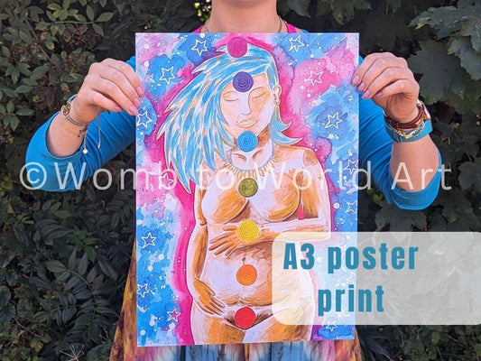 Postpartum Chakras Watercolor Print: Spiritual Energy Healing (A3 250gsm)