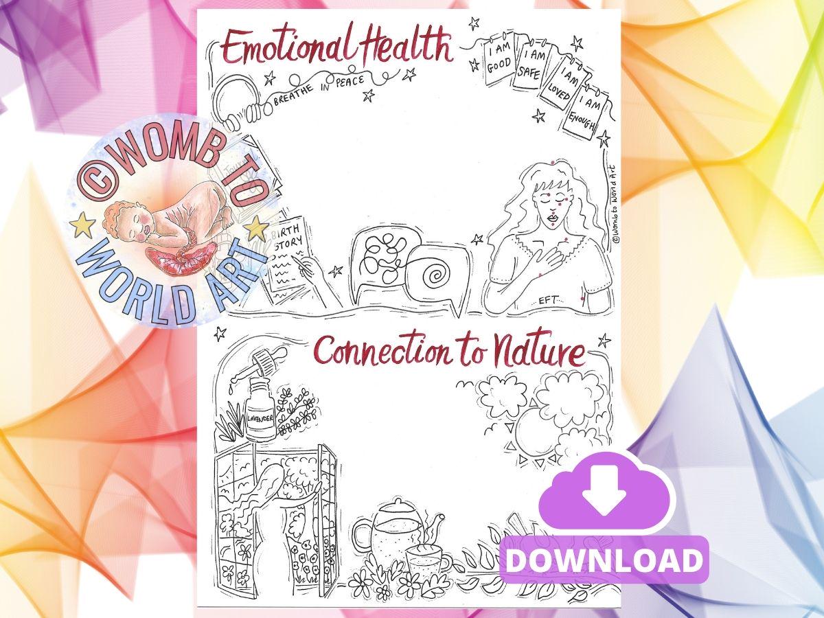 Colouring Illustrated Visual Postpartum Plan Template | Doula Materials | Antenatal Education | Postnatal Doula | Fourth Trimester