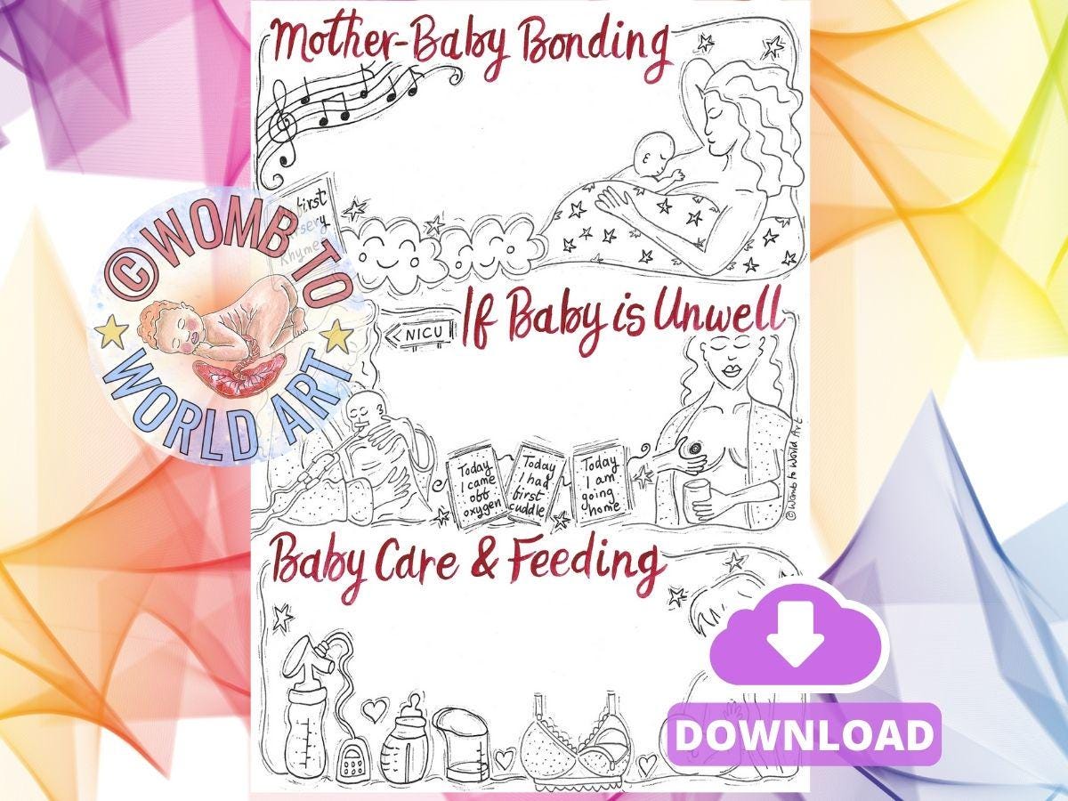 Colouring Illustrated Visual Postpartum Plan Template | Doula Materials | Antenatal Education | Postnatal Doula | Fourth Trimester