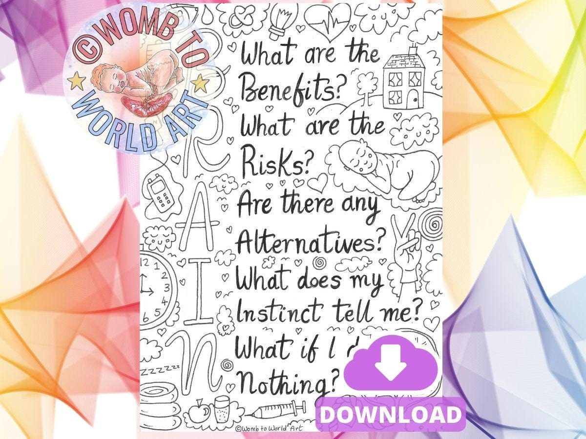BRAIN Informed-Decisions Colouring Poster | Pregnancy and Birth Education | Doula Tools | Hypnobirthing | Birthworker | Midwife | Antenatal