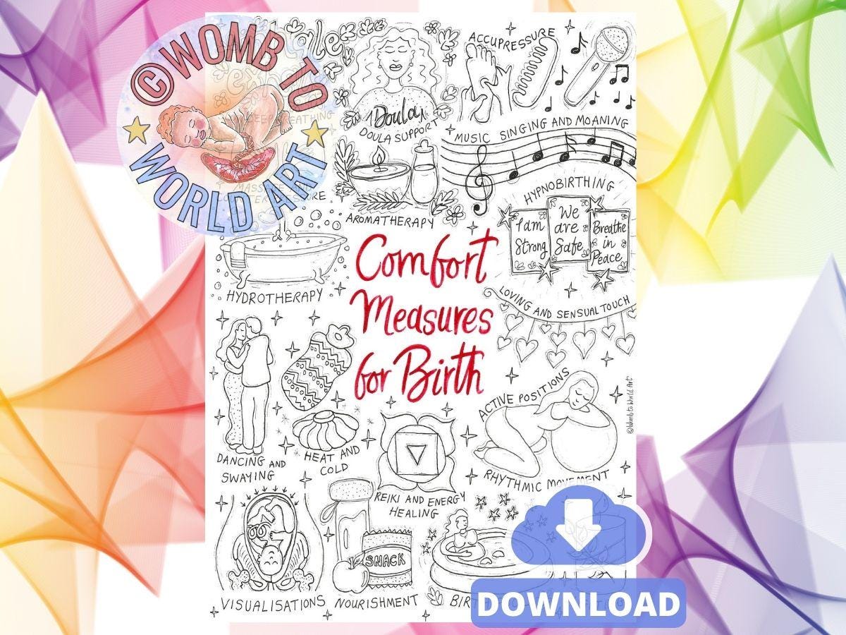 Birth Comfort Measures Colouring Poster: Doula Handout (PDF Digital Download)