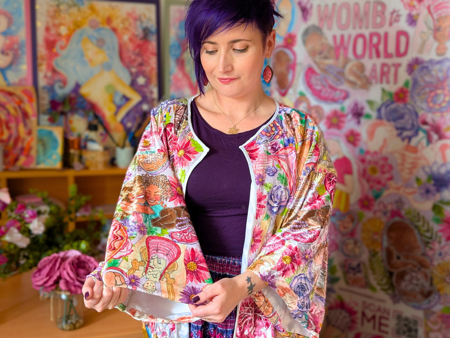 Motherhood Art Velour Kimono Jacket: Birth Worker Gift