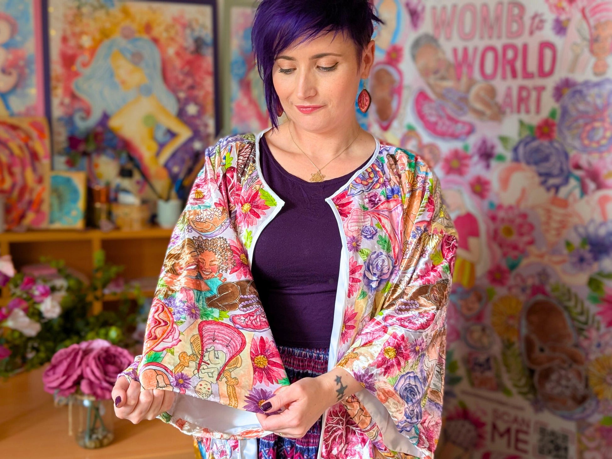 Motherhood Art Velour Kimono Jacket: Birth Worker Gift