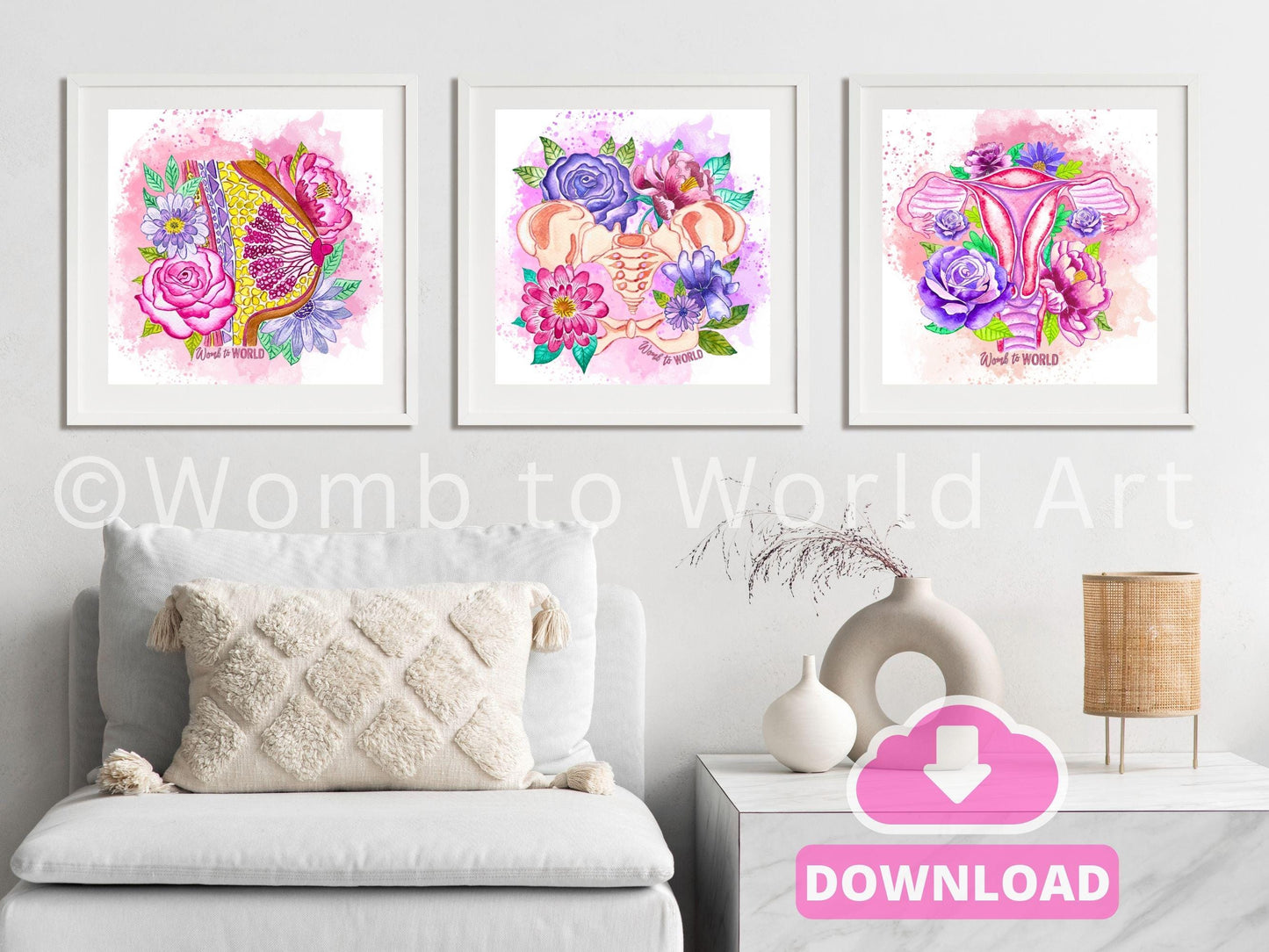 Floral Anatomy Art Prints: OBGYN Office Decor Medical Wall Art Breast Pelvis Uterus (PDF Download)