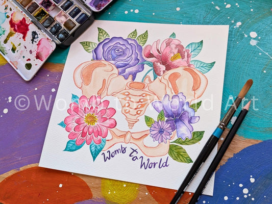 Pelvis Anatomy Original 21cm Sq Watercolour Painting | Doula | Birthworker | Midwife | Fertility | Womb Healing