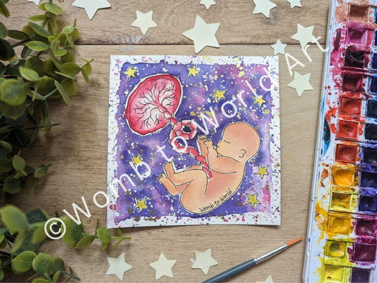 Fetus Placenta Art Original Womb Watercolour Painting | Picture for Pregnancy, Birth, New Mums and Midwife