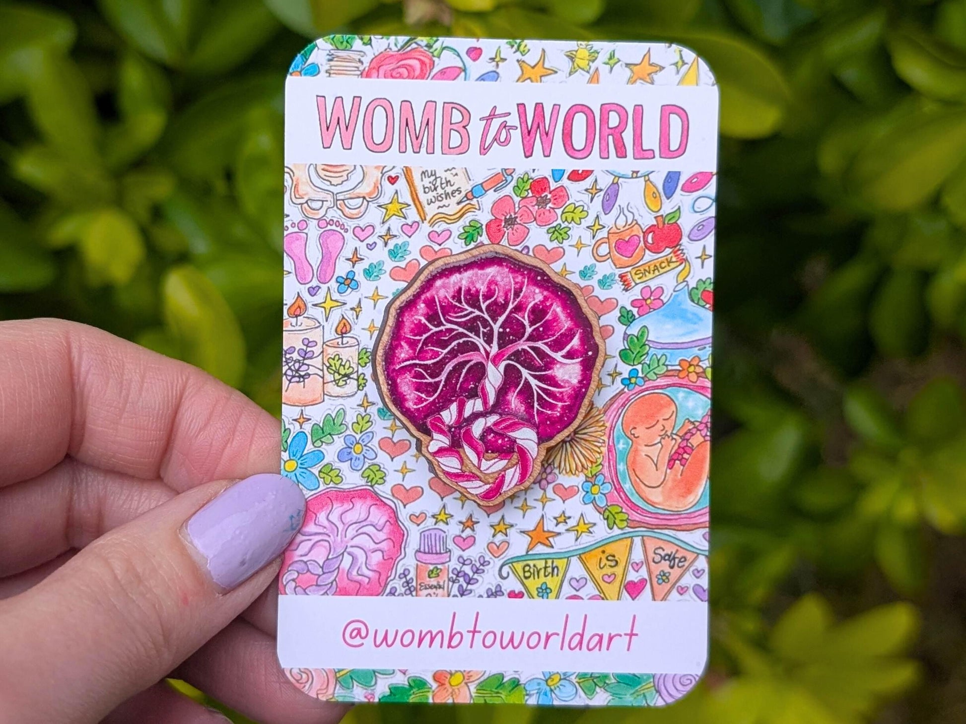 Wooden placenta pin badge for midwives