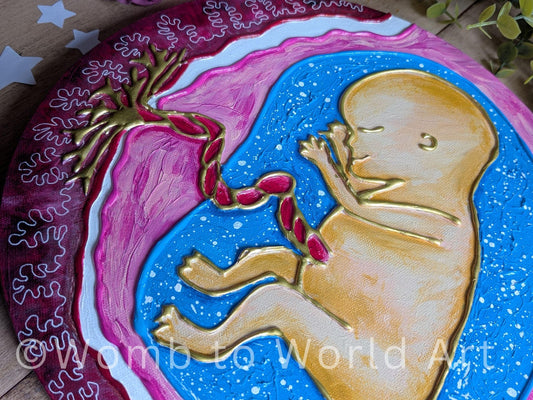 Baby in the Womb 3D Acrylic Canvas Painting | Circular Fetus Hot Glue Pregnancy Texture Art