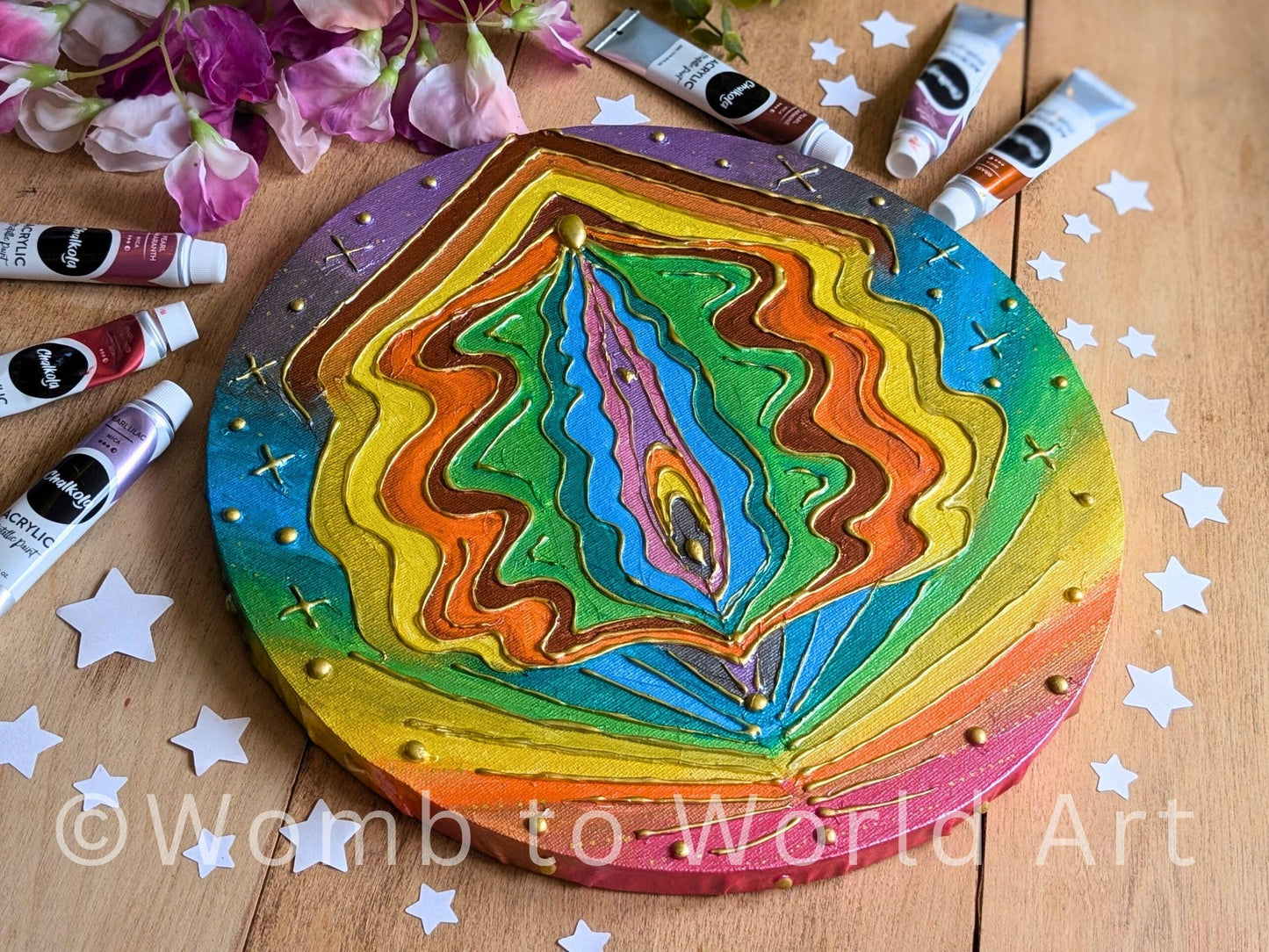 Yoni Art Acrylic 3D Canvas Painting | Rainbow Chakra Vulva Hot Glue Acrylic | Divine Feminine Art