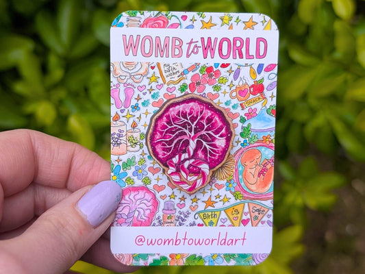 Wooden placenta pin badge for midwives