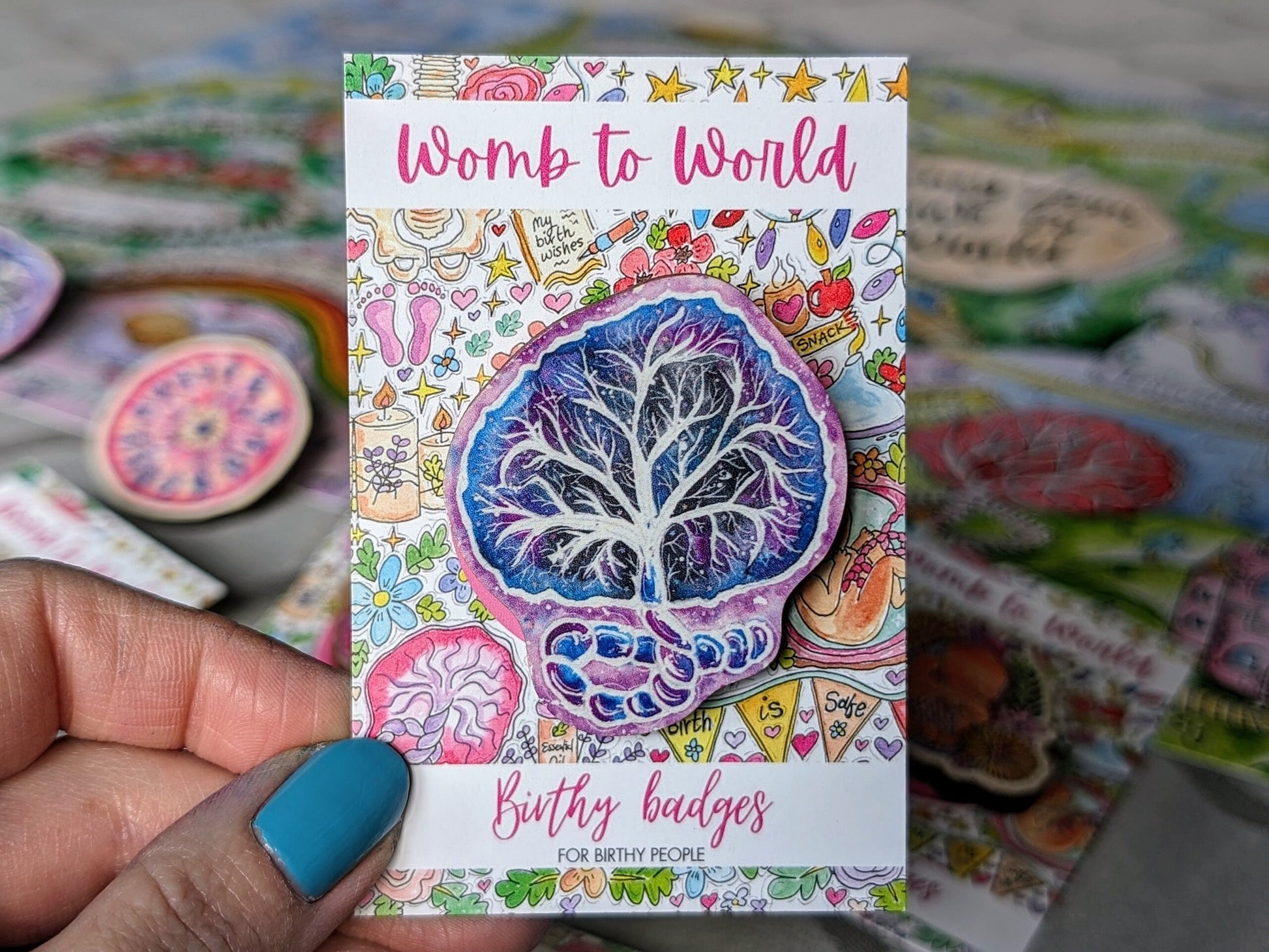 Wooden placenta pin badge for midwives