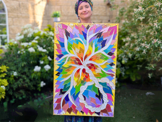 Rainbow 3D Placenta Canvas Acrylic Painting | Hot Glue Metallic Acrylic Pour Art