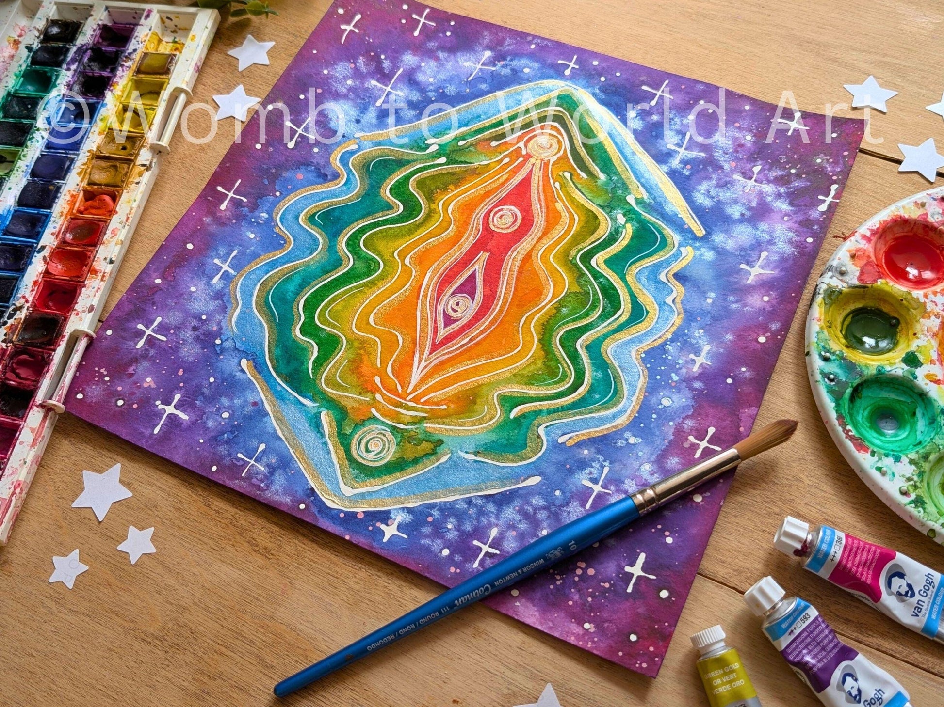 Rainbow Yoni Vulva Art Original 10" Watercolour Painting | Lichen Sclerosus Art