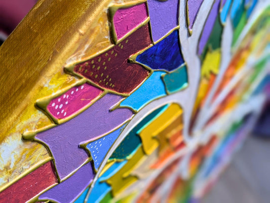 Rainbow 3D Placenta Canvas Acrylic Painting | Hot Glue Metallic Acrylic Pour Art