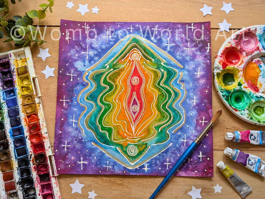 Rainbow Yoni Vulva Art Original 10" Watercolour Painting | Lichen Sclerosus Art