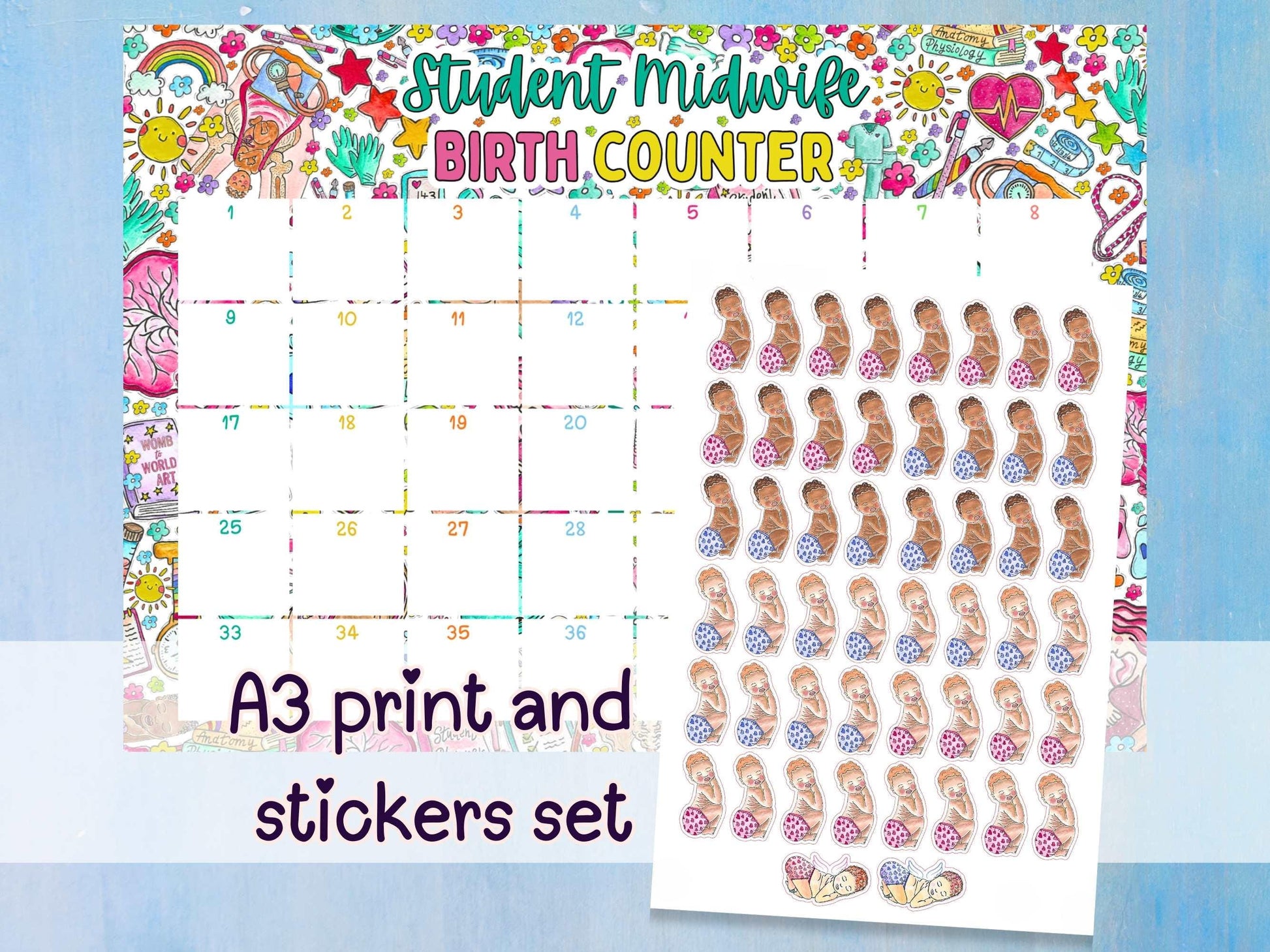 Birth Counter A3 Print + Stickers | Student Midwife Starter Essentials | Midwifery Gift Birth Tracker | Student Midwife Catch Counter