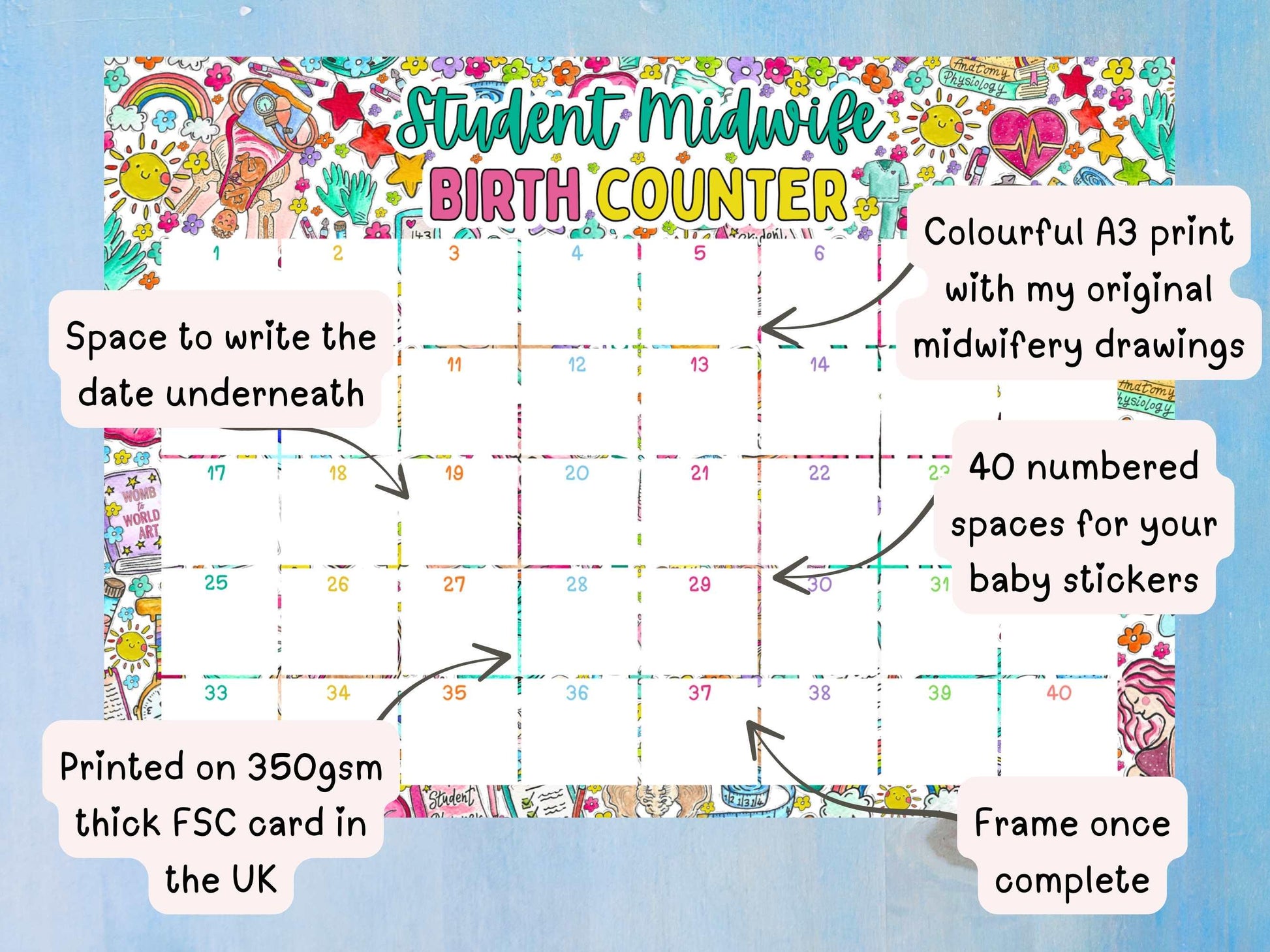 Birth Counter A3 Print + Stickers | Student Midwife Starter Essentials | Midwifery Gift Birth Tracker | Student Midwife Catch Counter