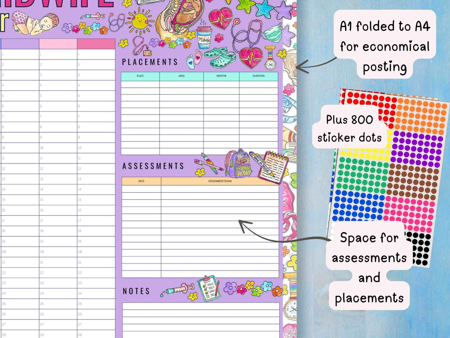 Student Midwife A1 Undated Wall Planner