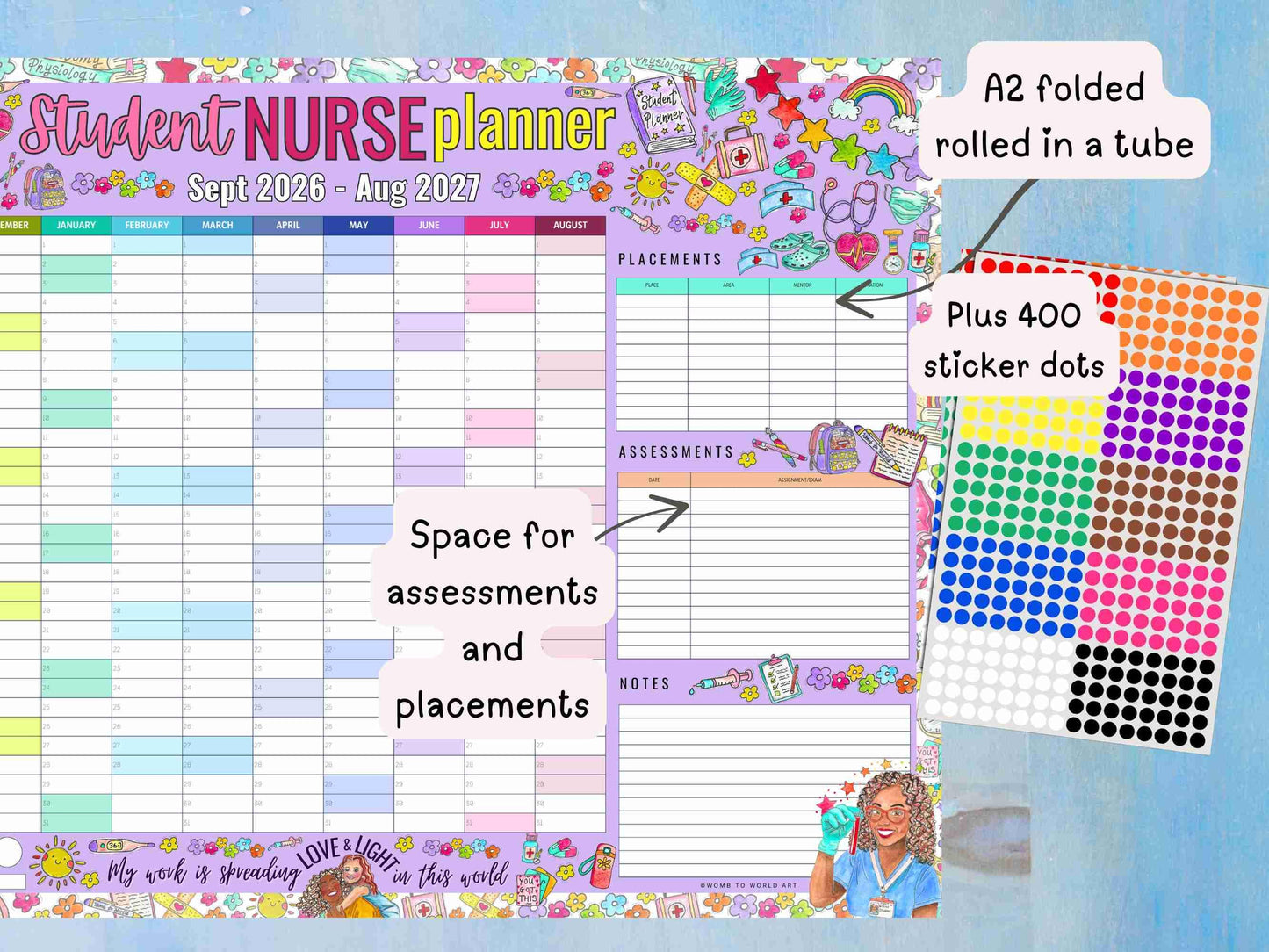 Student Nurse Academic Wall Planner September 2026/2027 A2 Nursing Calendar + Planner Stickers