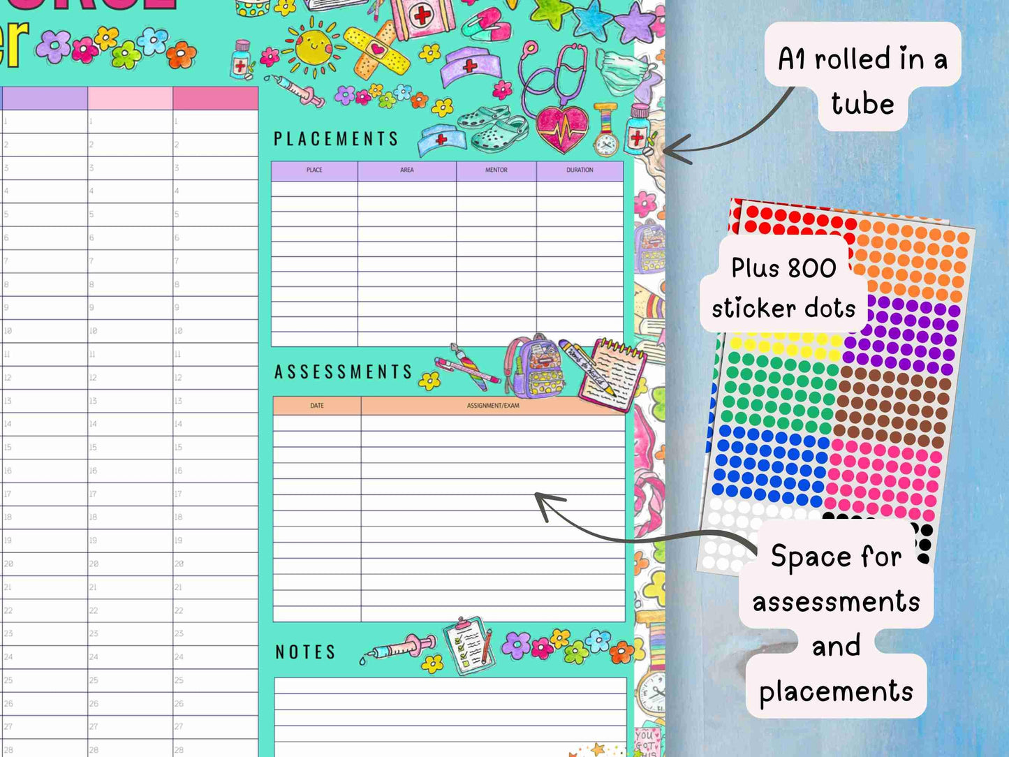 Student Nurse A1 Academic Wall Planner Undated Nursing Calendar + Planner Stickers