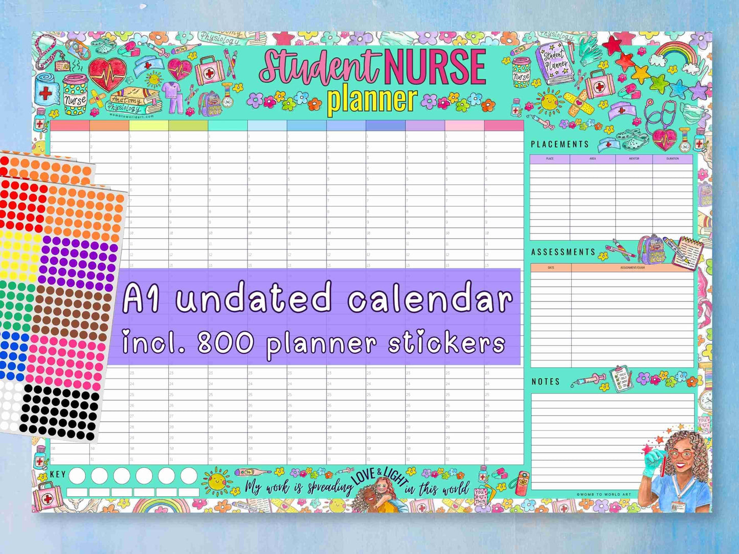Student Nurse A1 Academic Wall Planner Undated Nursing Calendar + Planner Stickers