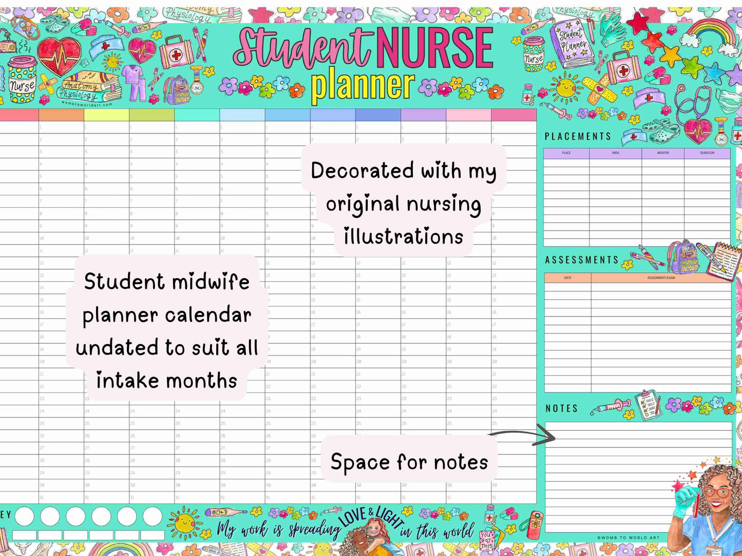 Student Nurse Academic Wall Planner Undated A2 Nursing Calendar + Planner Stickers