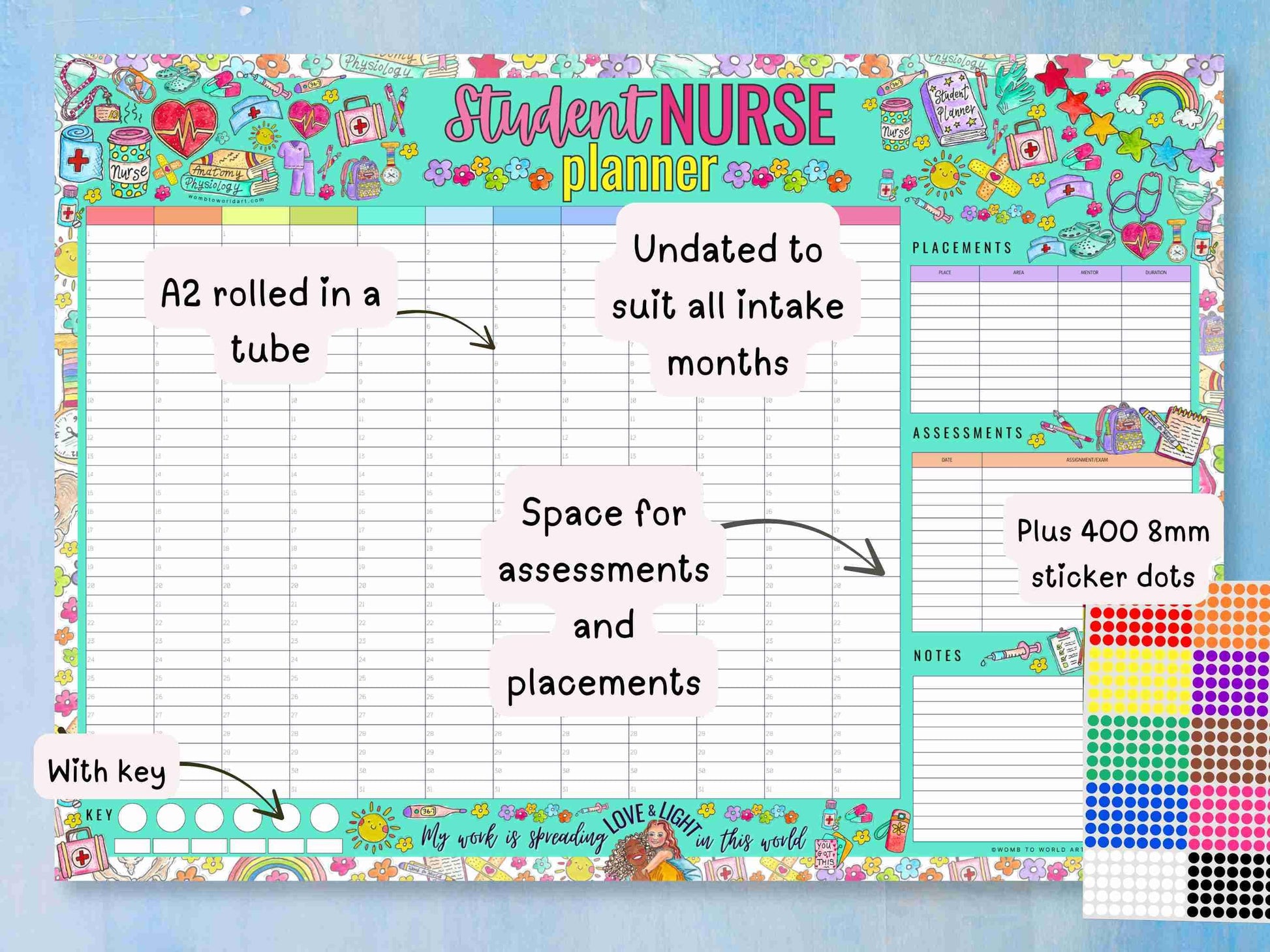 Student Nurse Academic Wall Planner Undated A2 Nursing Calendar + Planner Stickers