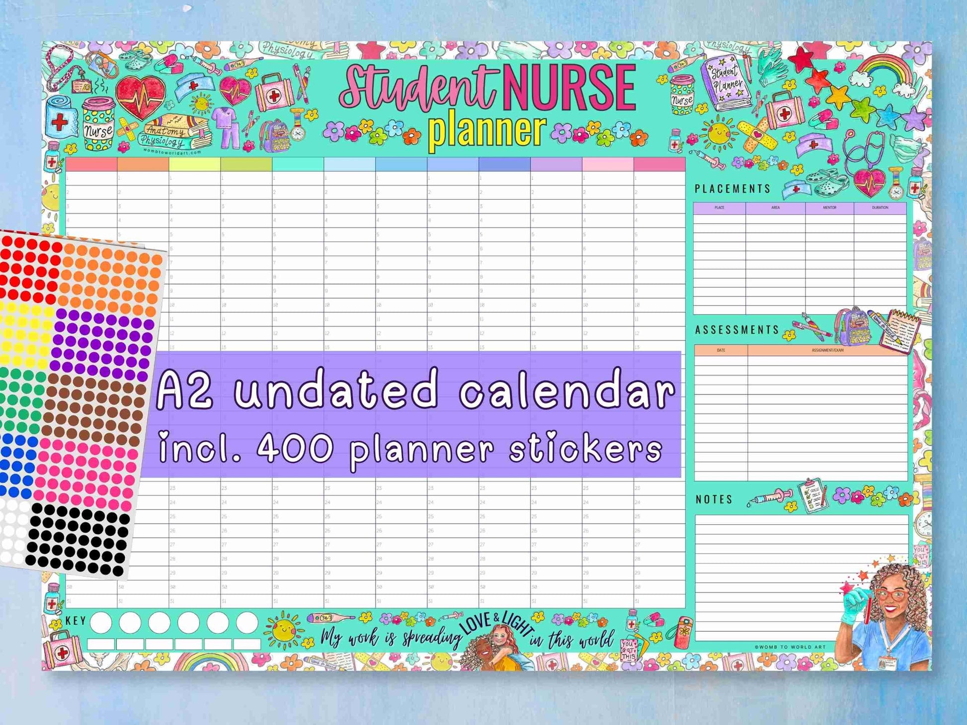 Student Nurse Academic Wall Planner Undated A2 Nursing Calendar + Planner Stickers