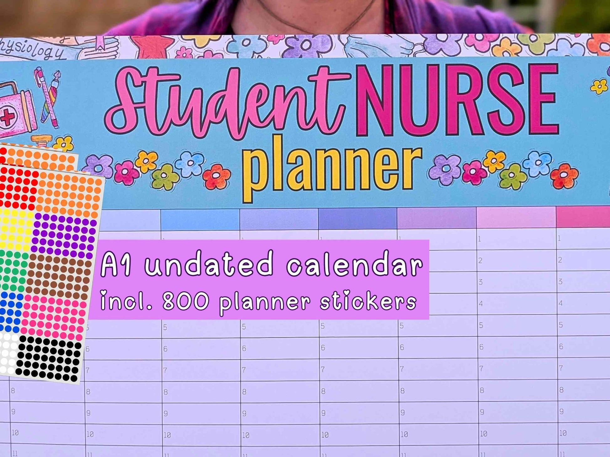 Student Nurse A1 Academic Wall Planner Undated Nursing Calendar + Planner Stickers