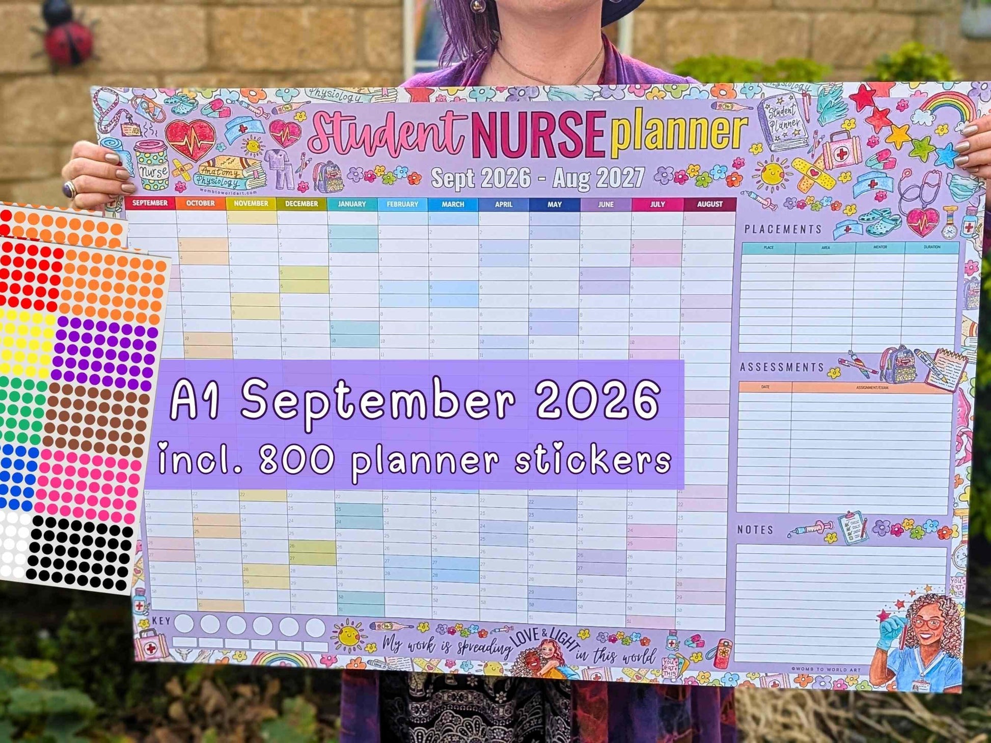 Student Nurse Academic Wall Planner September 2026/2027 A1 Nursing Calendar + Planner Stickers