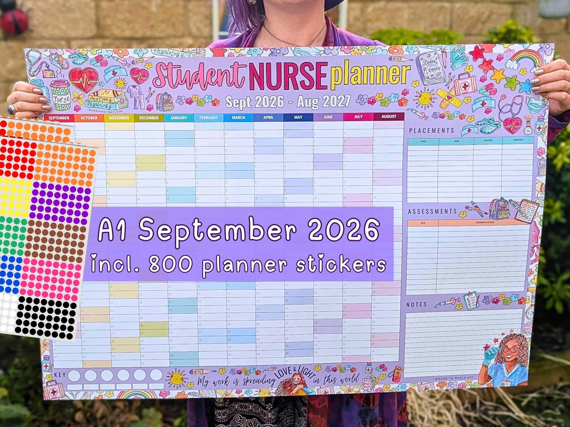 Student Nurse Academic Wall Planner September 2026/2027 A1 Nursing Calendar + Planner Stickers