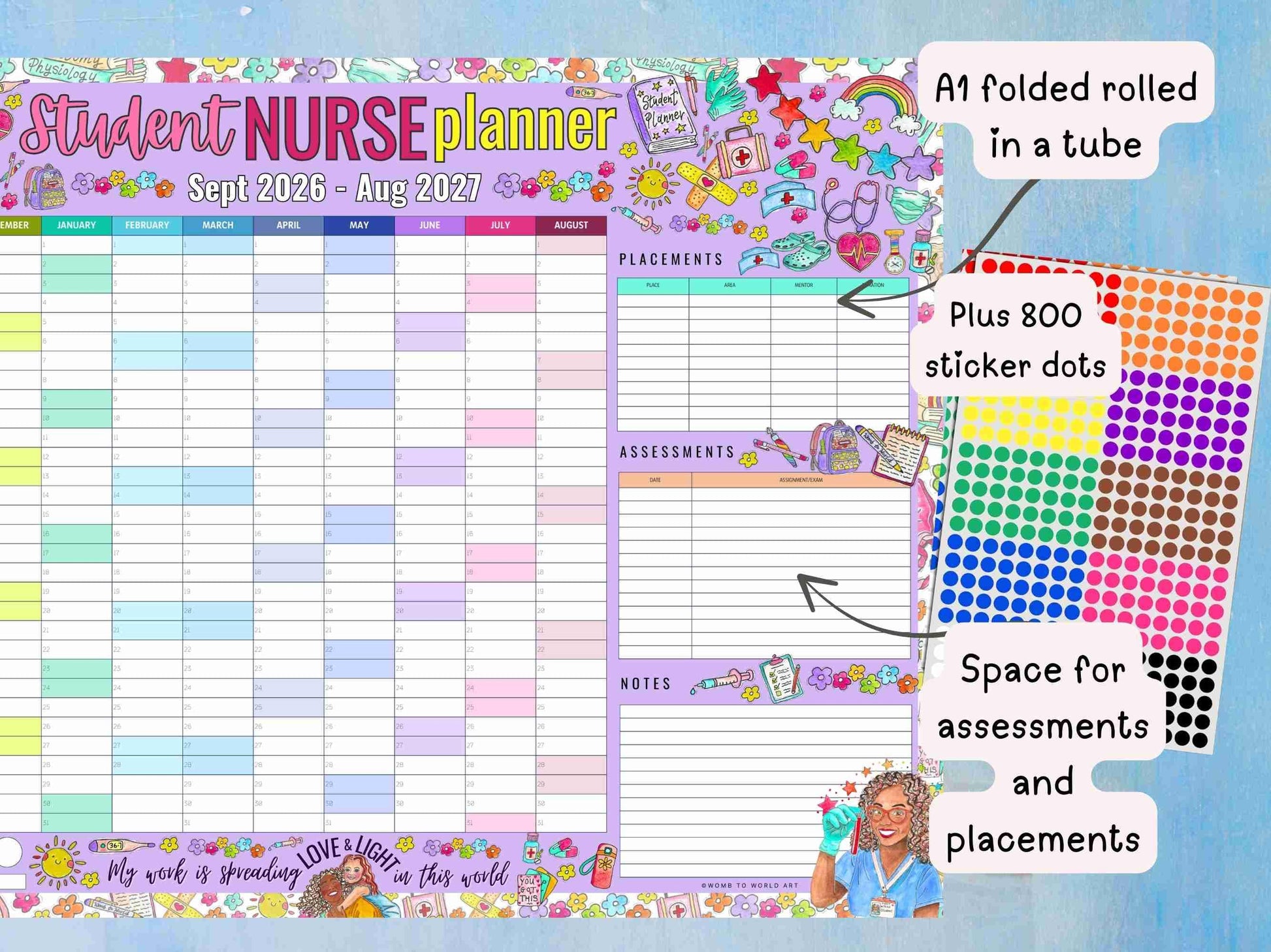 Student Nurse Academic Wall Planner September 2026/2027 A1 Nursing Calendar + Planner Stickers