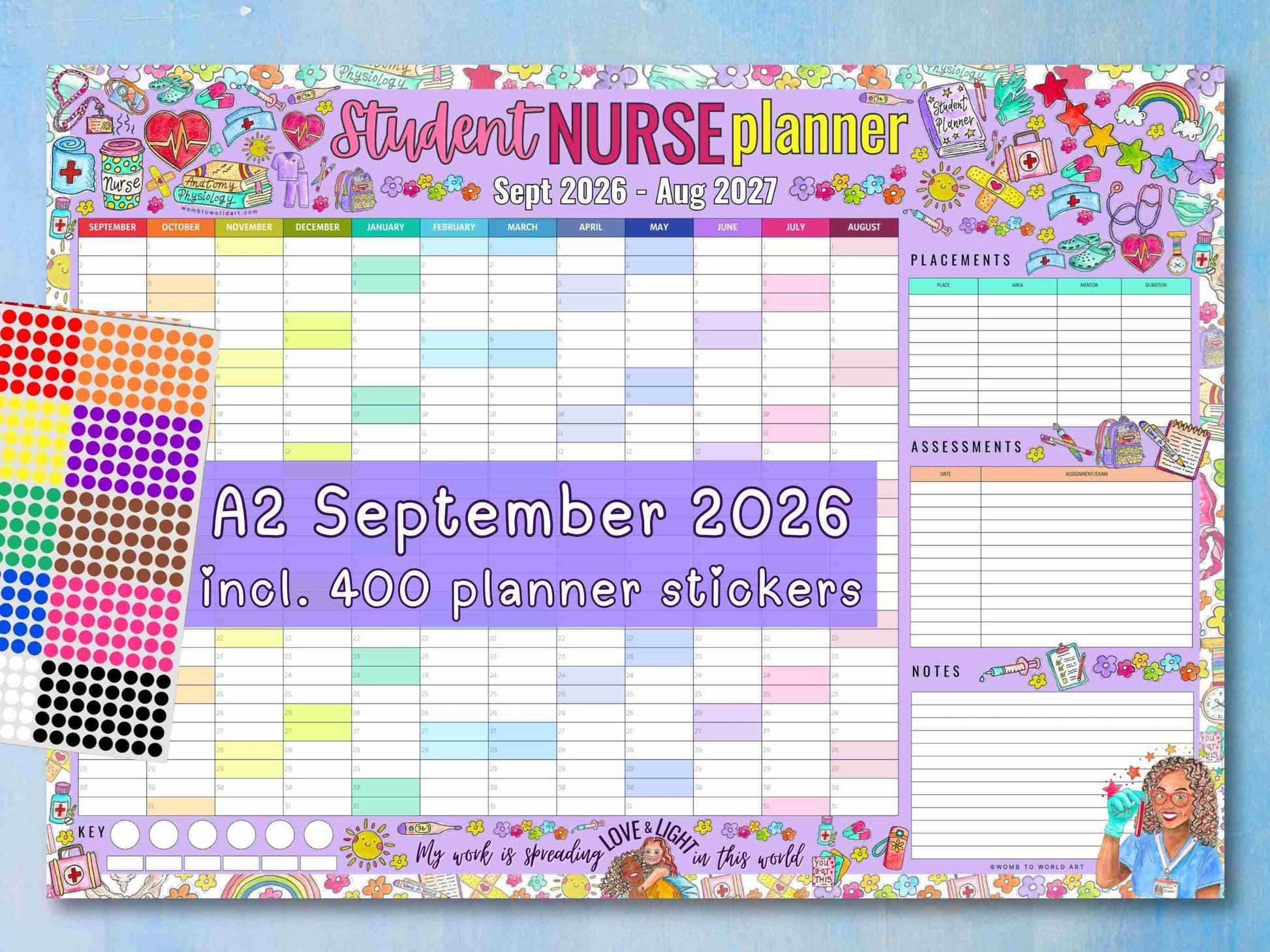 Student Nurse Academic Wall Planner September 2026/2027 A2 Nursing Calendar + Planner Stickers