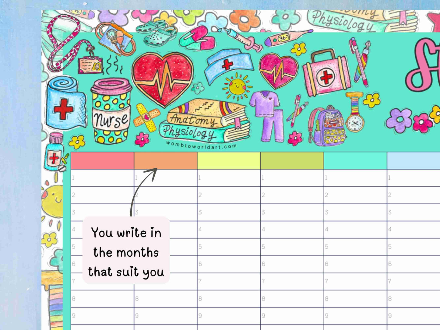 Student Nurse Academic Wall Planner Undated A2 Nursing Calendar + Planner Stickers