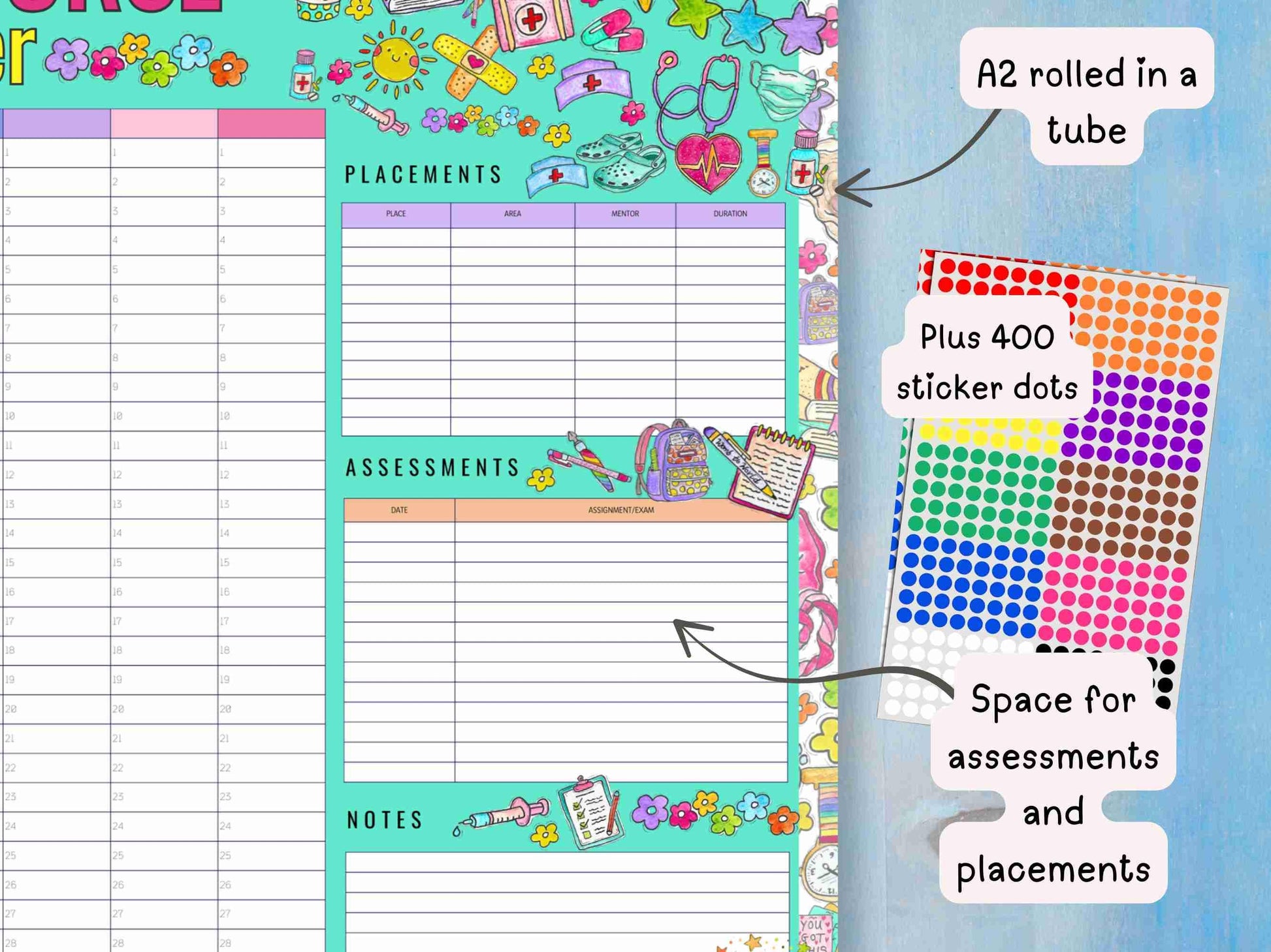 Student Nurse Academic Wall Planner Undated A2 Nursing Calendar + Planner Stickers