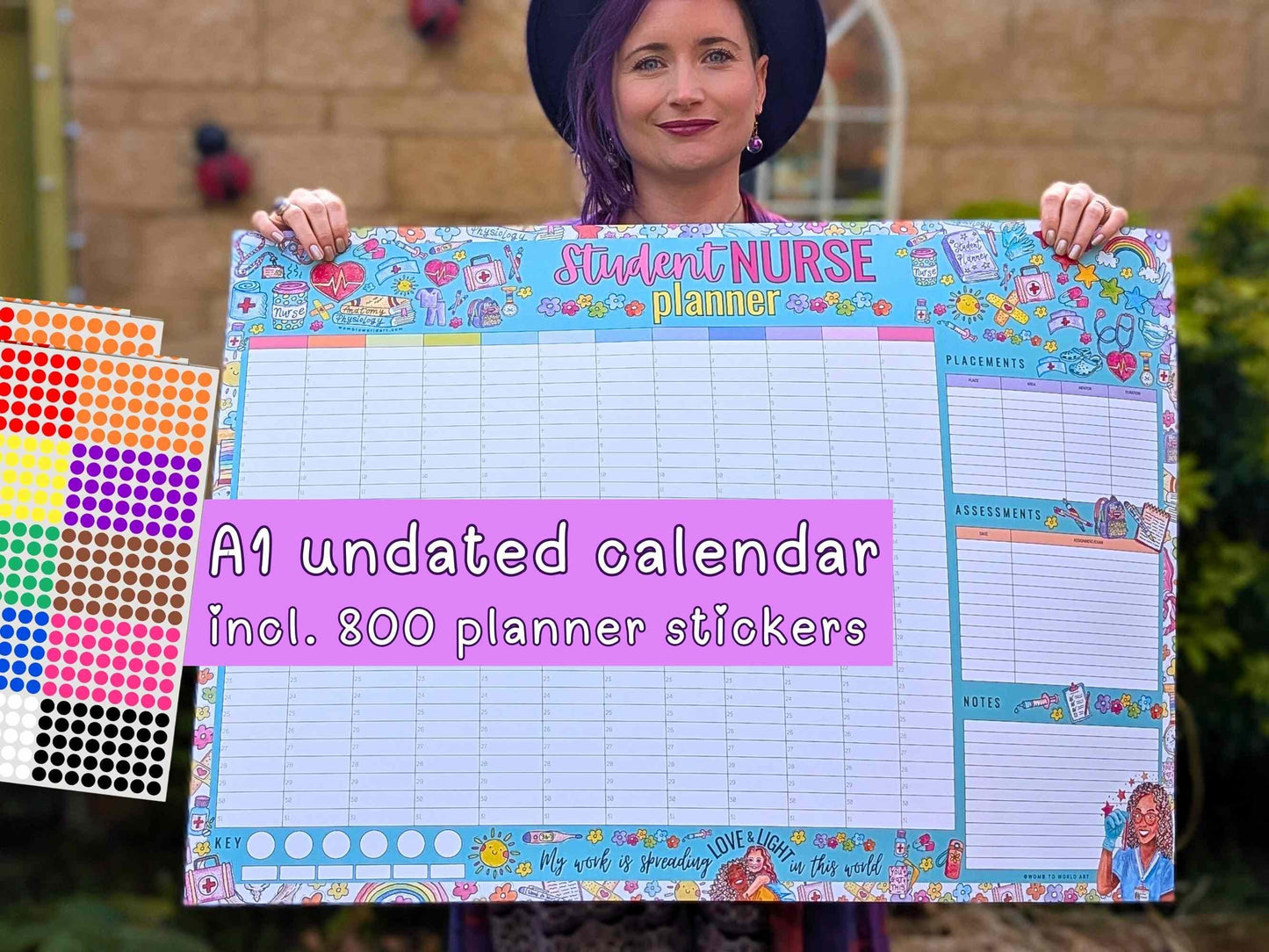 Student Nurse A1 Academic Wall Planner Undated Nursing Calendar + Planner Stickers
