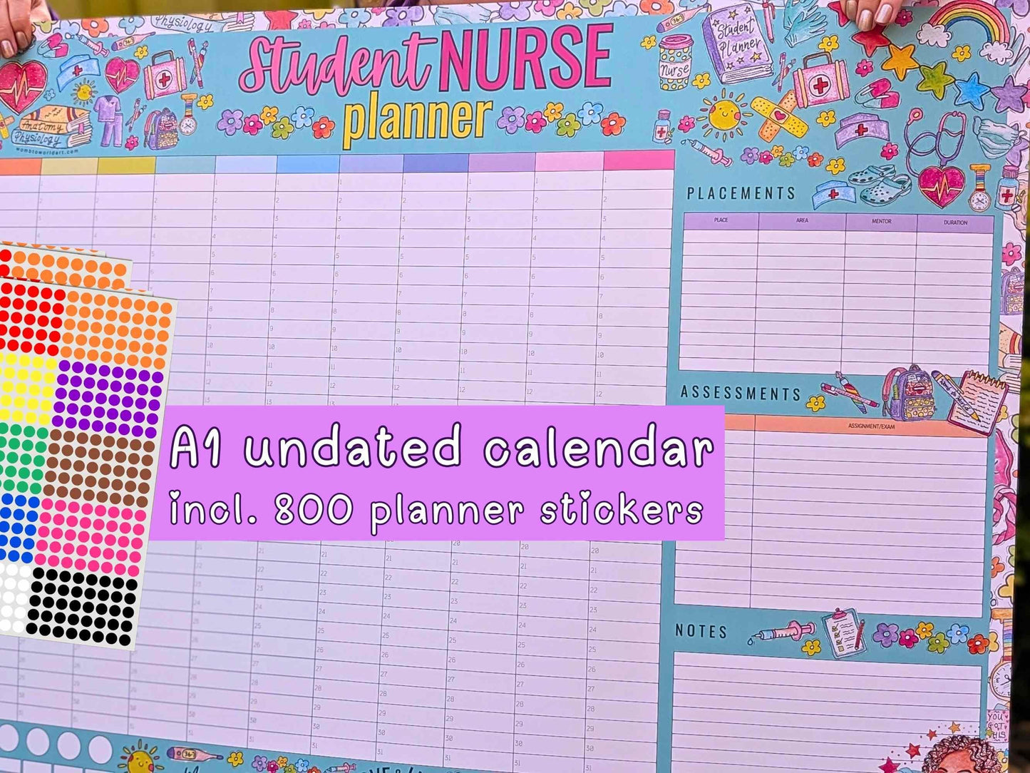 Student Nurse A1 Academic Wall Planner Undated Nursing Calendar + Planner Stickers